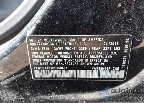 2016 Volkswagen Passat 1.8T Sel z USA, uszkodzony, nr VIN 1VWCS7A31GC053501